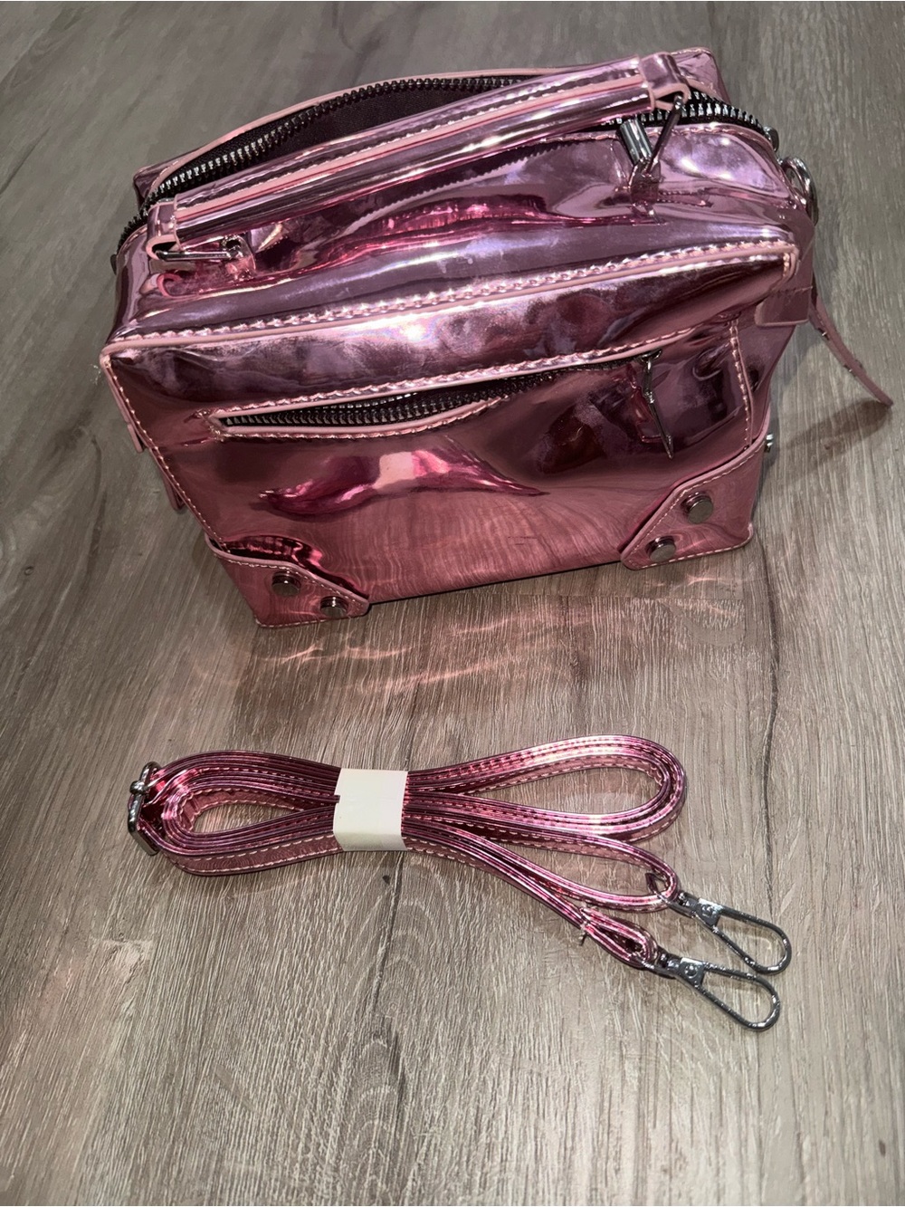 Metallic Pink Crossbody Bag with Removable Strap